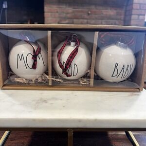 Rae Dunn Christmas Tree Ornament White Bulb 3 Piece Set Mom Dad Baby Family NEW!